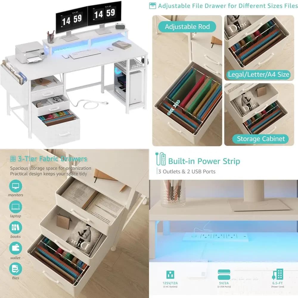 55 Scrivania bianca per ufficio domestico con luci a LED, prese di corrente, cassetti e supporto per monitor