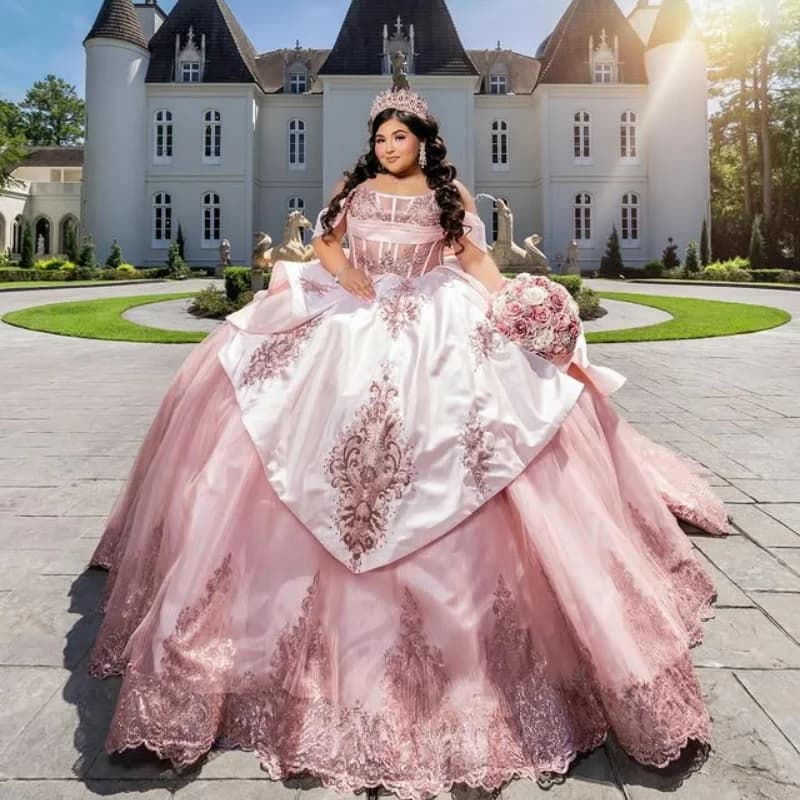 Abito Quinceanera rosa con spalle scoperte Glitter cristallo glitter decalcomania Coda lunga Big Bow abiti da 15 Quinceanera Personalizza