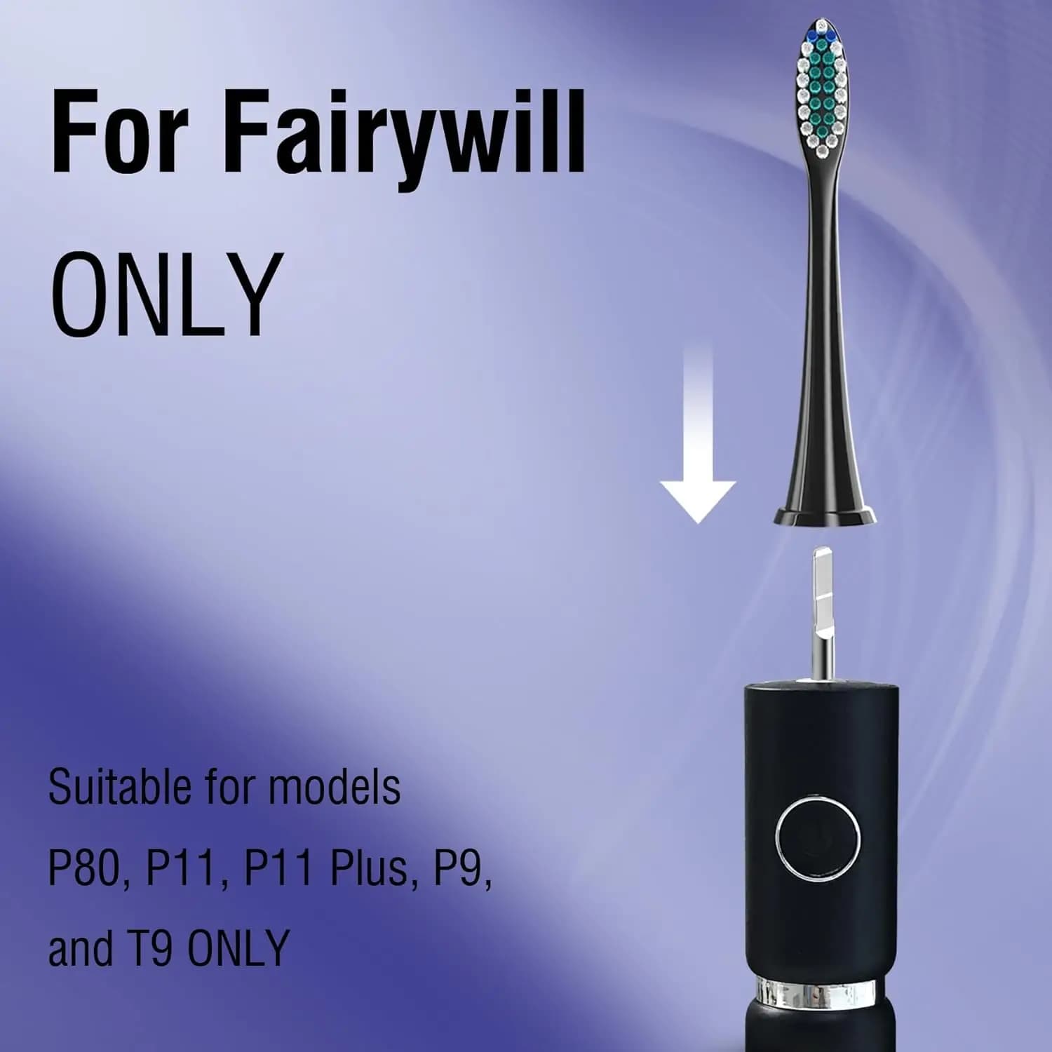 4-piece brush spare heads compatible with Fairywill electric toothbrush only suitable for P80 P11 P9 and T9 model, black, white