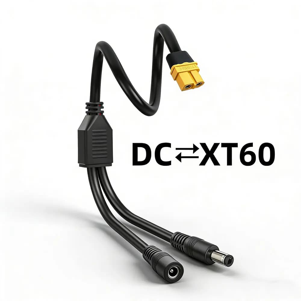 Solar connection cable with XT60 male/female connector to two DC5521 power cord adapters for auto battery charging