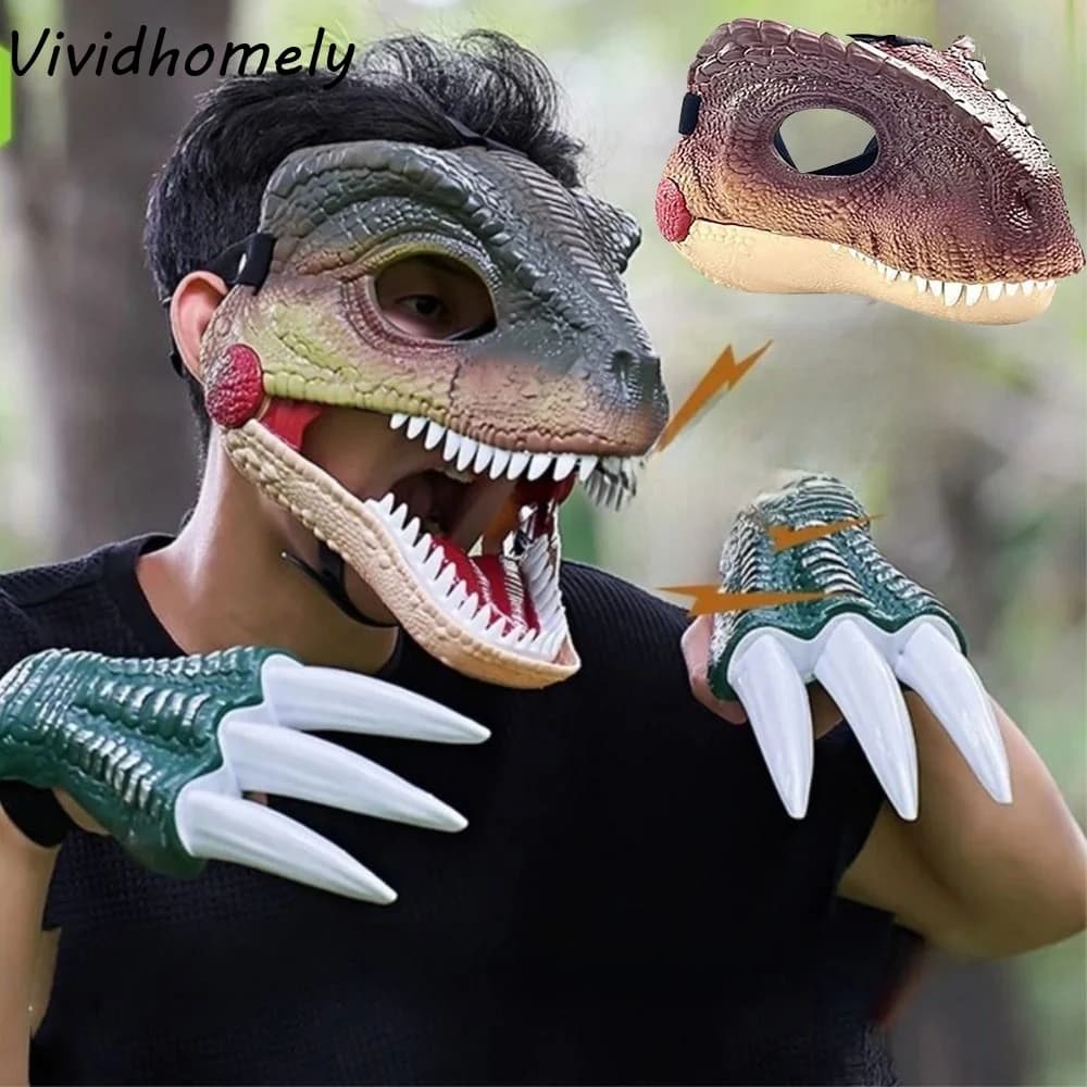 Movable Mouth 3D Dinosaur Mask Lifelike 3D Dinosaur Claws Dinosaur Mask Headwear Sound Comfortable Dinosaur Head Face Cover