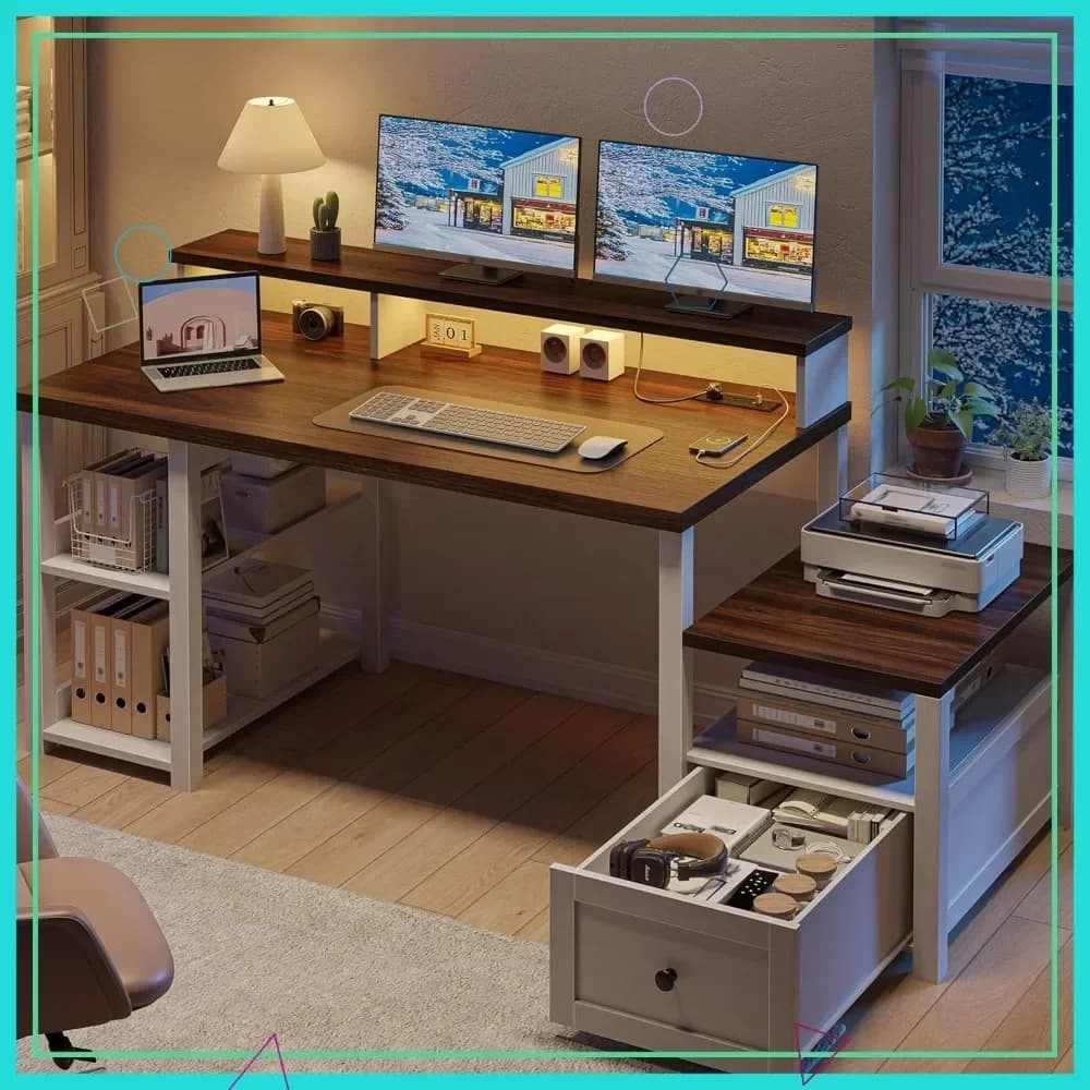 Scrivania da Gaming da 60,4 Pollici con Luce LED, Cassetto e Presa di Corrente, Scrivania Stile Fattoria per Ufficio e Studio Domestico