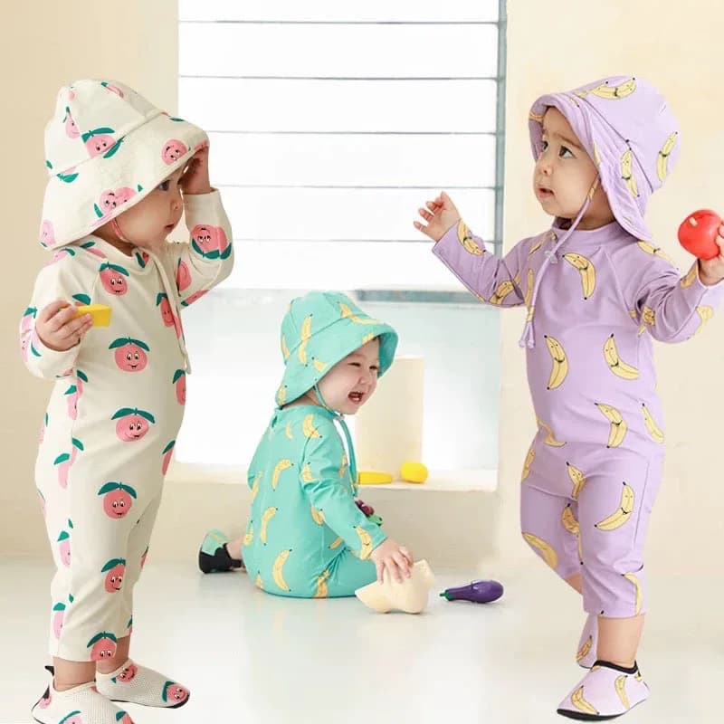 Nuovo Costume da Bagno per Bambini alla Moda Coreana, Intero a Maniche Lunghe con Protezione Solare per Bambine e Bambini 0-7 Anni