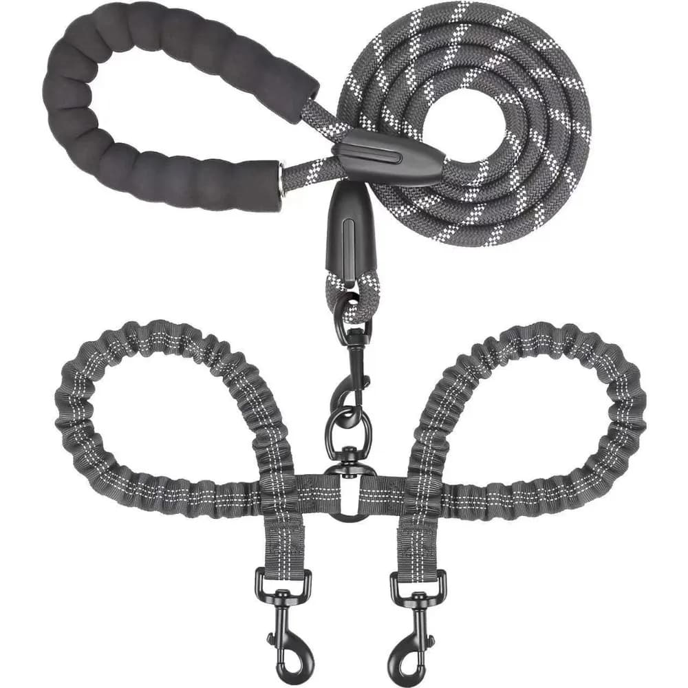 Guinzaglio Doppio per Cani con Assorbimento degli Urti, Corda Elastica in Nylon, Maniglia Confortevole Rimovibile