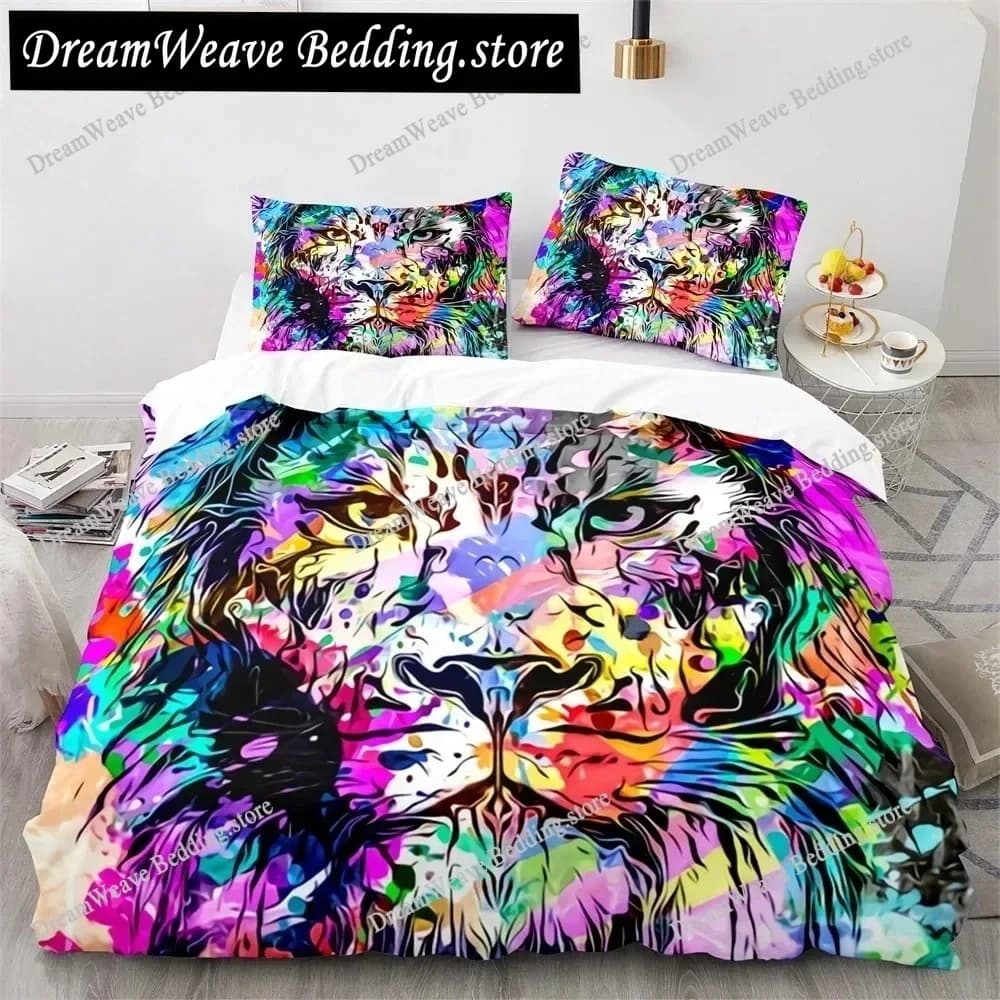 Set Copripiumino 3D con Stampa Leone, Misura Queen/King, Motivo Leone Fulminante, Set Biancheria da Letto in Poliestere, Regalo di Lusso