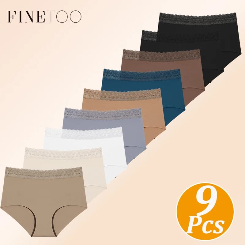 FINETOO 9Pcs/Set Sexy Transparent Briefs Women High Waist Seamless Panties Lace Waistband No‑Show Underwear Soft Stretch Breathable Hipster Briefs Plus Size Ladies Invisible Underpants Multi‑Color For Daily Wear S-XXL Plus Size