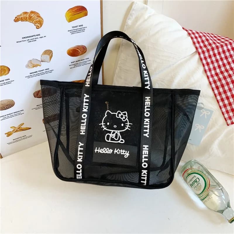2026 Sanrio Kawaii HelloKitty Minimalist Mesh Transparent Makeup and Wash Bag Japanese Cartoon Large Capacity Casual Handbag