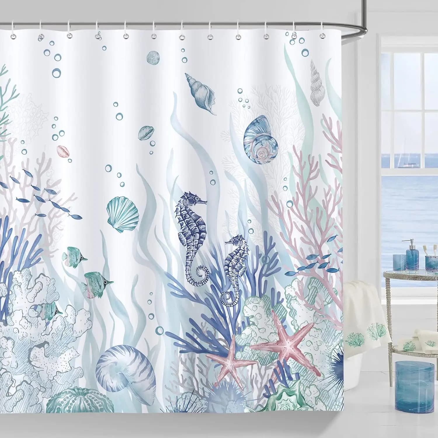 1 tenda da doccia costiera a tema oceano con motivo corallo, cavalluccio marino, conchiglia e stelle marine - Bagno in poliestere azzurro con ganci