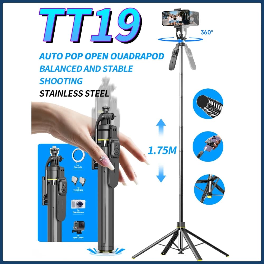 Treppiede per telefono cellulare Auto Pop Open Quadrapod 360 ° Selfie Stick da tiro per iPhone Android Smarthone con telecomando Bluetooth