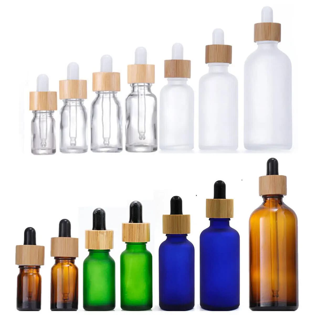 1x 5x 5ML-100ML Bottiglie di liquido per aromaterapia in vetro con contagocce verde smerigliato per olio da massaggio essenziale Pipetta di ricarica Coperchio in legno di bambù