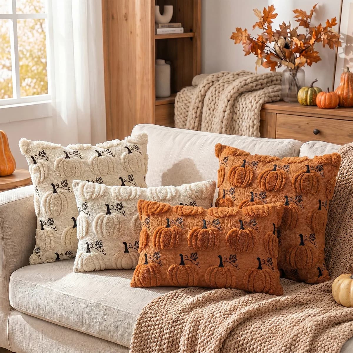Halloween Autumn Pumpkin Maple Leaf Embroidery Throw Pillow Cover Square Decor Cushion Case Seasonal Home Decor Pillowcase