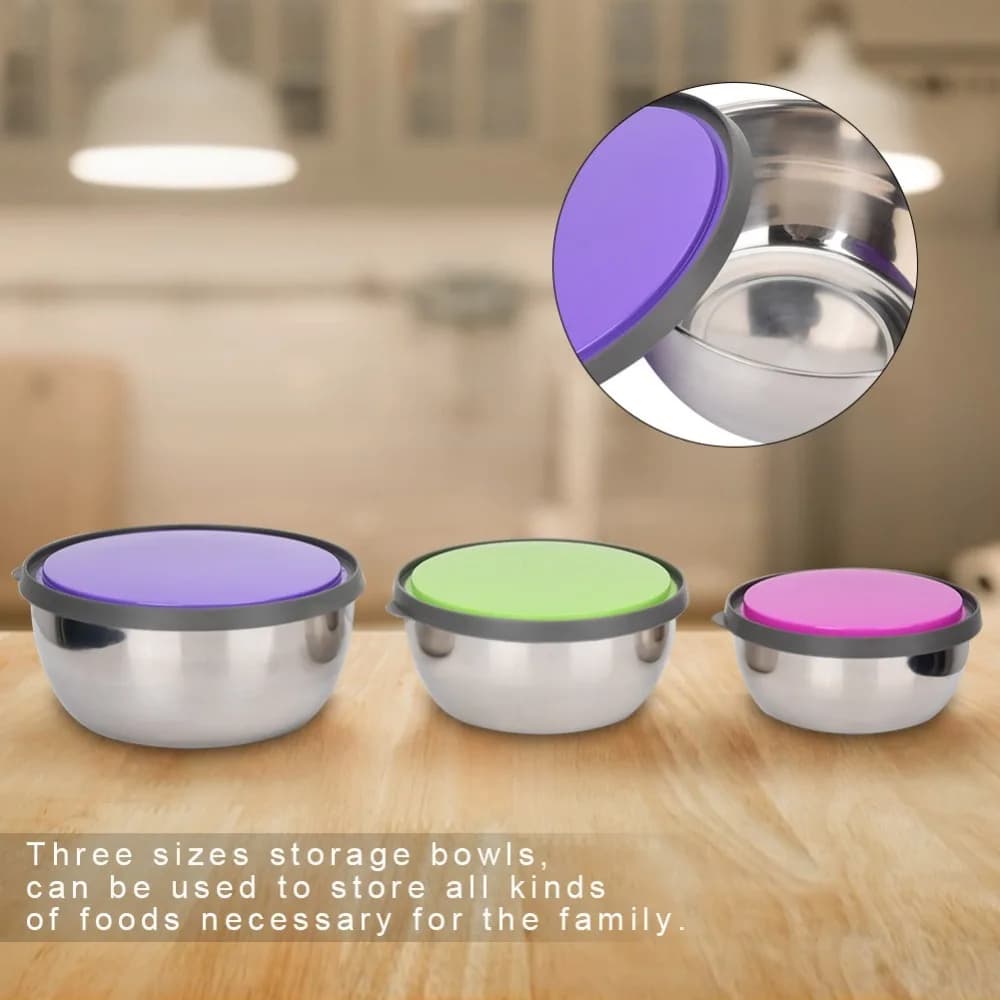 3PCS Practical Stainless Steel Mixing Bowls Set Airtight Sealed Lid Food Storage Container Seal Bowl With Lid Food Prep