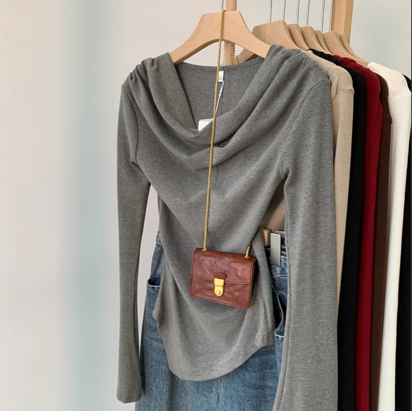 Women Slim Fit Long Sleeve Top Cowl Neck Off Shoulder Irregular Hem Bodycon Tee Casual Y2K Streetwear Blouses Slimming T-shirt