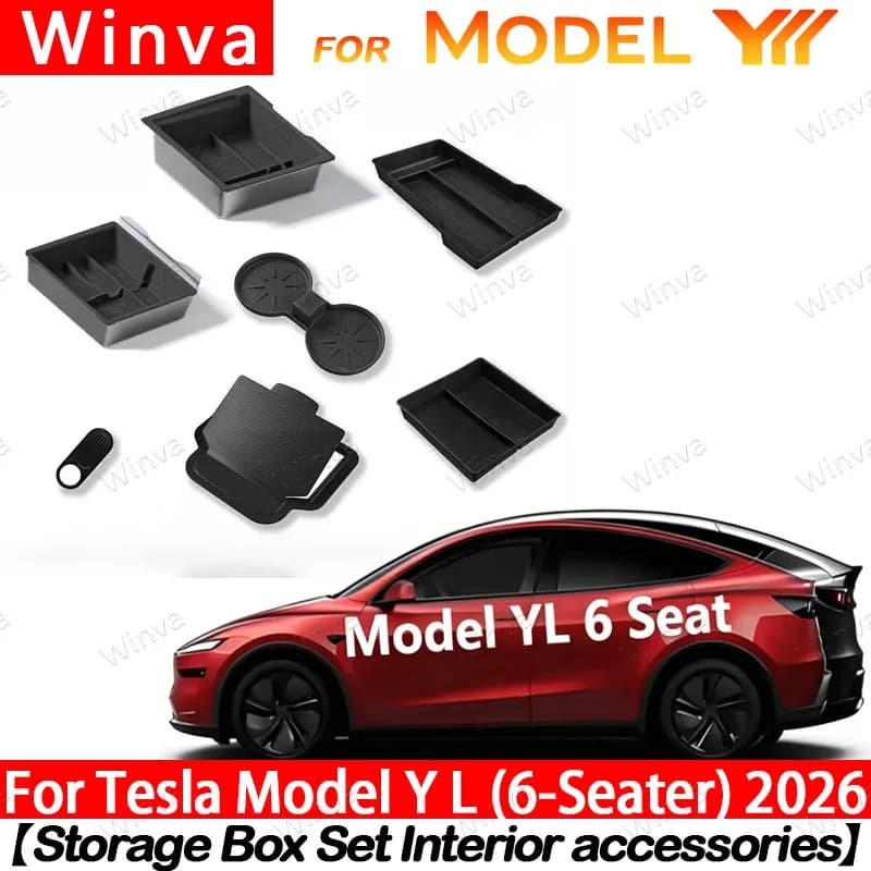 For Tesla Model YL 2026 Center Console Armrest Storage Box Set Non-Slip Cup Pads Organizer Trays Car Interior Accessories