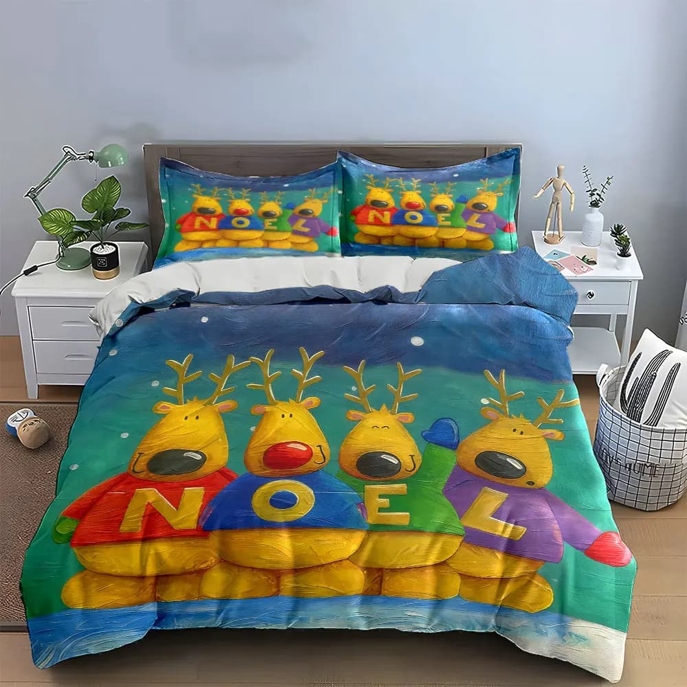 Set Decorativo Natalizio con Renne, Set di Biancheria da Letto Morbido e Confortevole, Include 1 Copripiumino e 2 Federe, Regalo