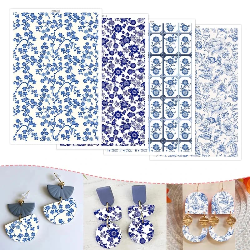 Blue and White Porcelain Ceramics Polymer Clay Transfer Paper Soluble Disposable Sticker Tool for Earrings Jewelry DIY Art