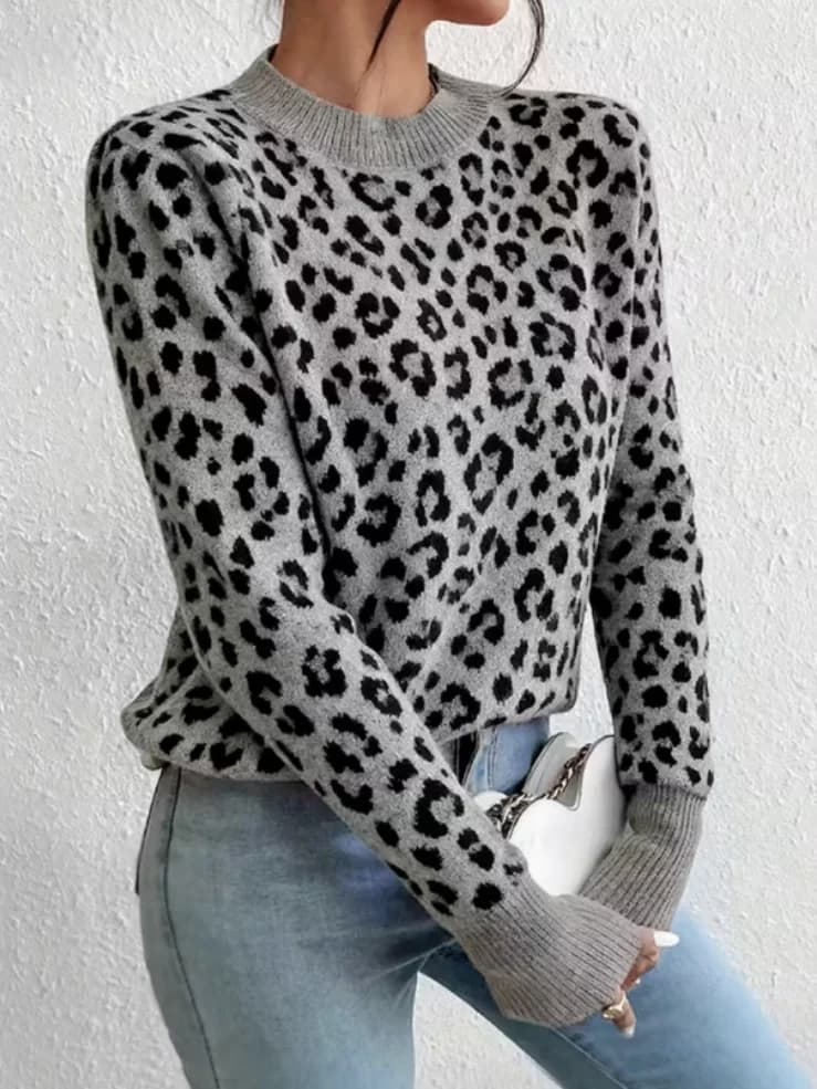 Maglieria calda da donna elegante e versatile con stampa leopardata Primavera Autunno Comodo maglione lavorato a maglia adatto per jeans denim