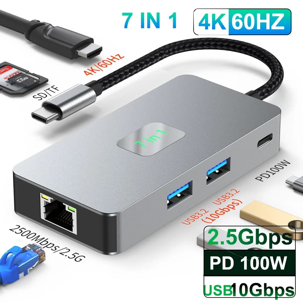 Hub LAN Gigabit 2.5G, Docking Station USB-C, da Type-C a USB 3.2, 4K60Hz, Splitter Ethernet RJ45, Lettore di Schede SD/TF, PDW100W per Gaming
