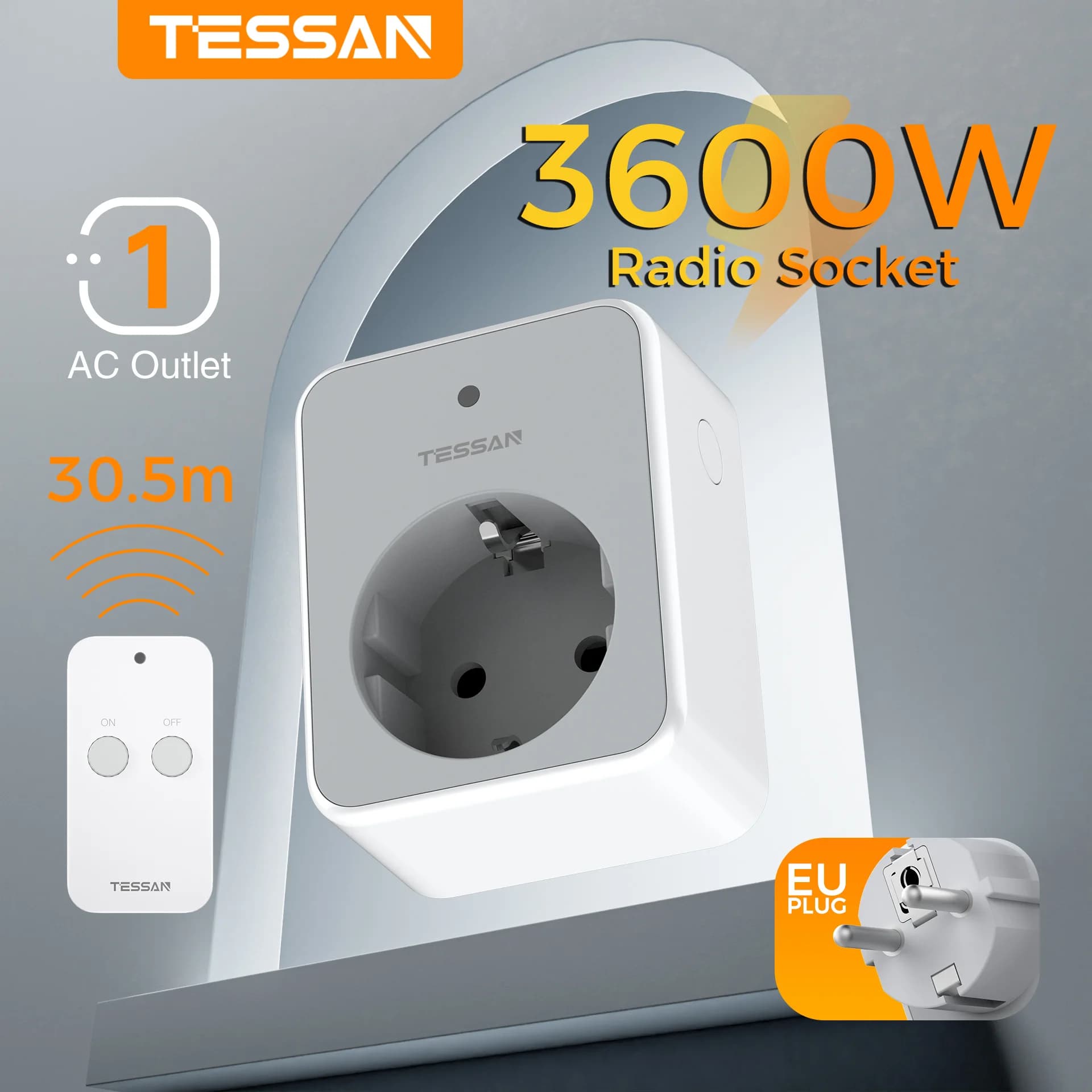 TESSAN Radio Socket with Remote Control 3600W Wall Socket with 30.5m Range Programmable Smart Home Plug Adapter for Indoor Use
