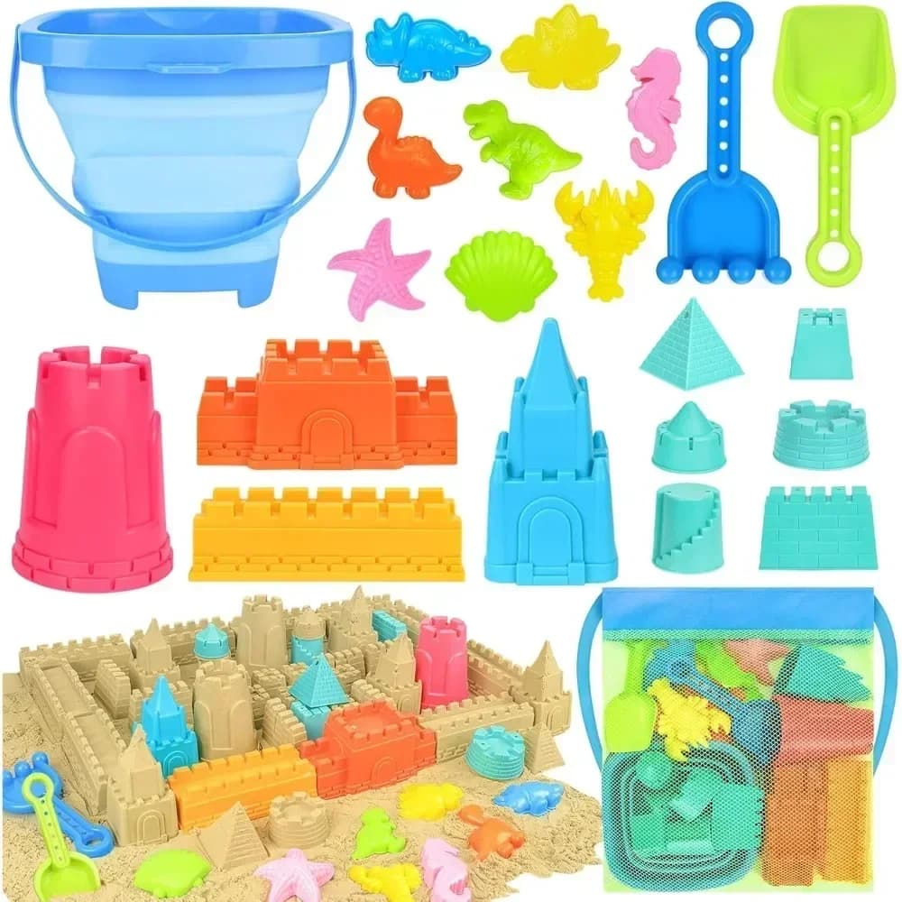 Set di Giocattoli da Spiaggia Pieghevoli per Bambini: Secchiello e Palette con Borsa a Rete, Giochi da Viaggio per Castelli di Sabbia, Giocattoli per Sabbiera per Bambini Piccoli