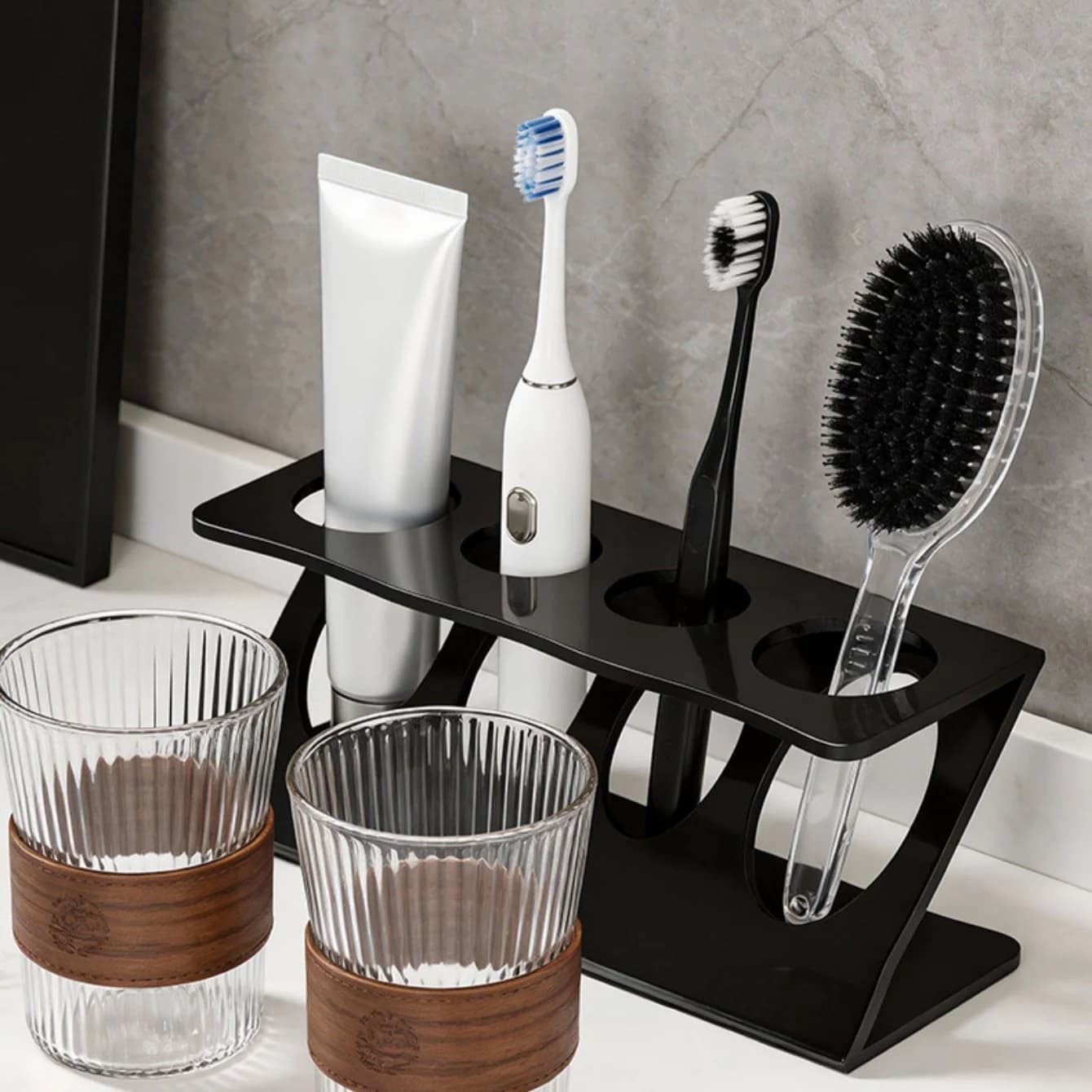 Toothbrush Holder Stand for Bathroom: Ventilated Organizer with Slots for Electric Toothbrushes, Toothpaste BHL2228-FRO