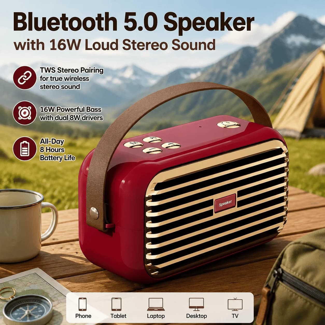 Bluetooth Speaker Portable Outdoor Wireless TWS Stereo Pairing 16W Powerful Deep Bass Sound Bluetooth 5.0 Speaker With Multiple Play Modes All-Day Battery Life IPX6 Waterproof For Camping Travel Party Home Desktop Audio Stereo Soundbar System