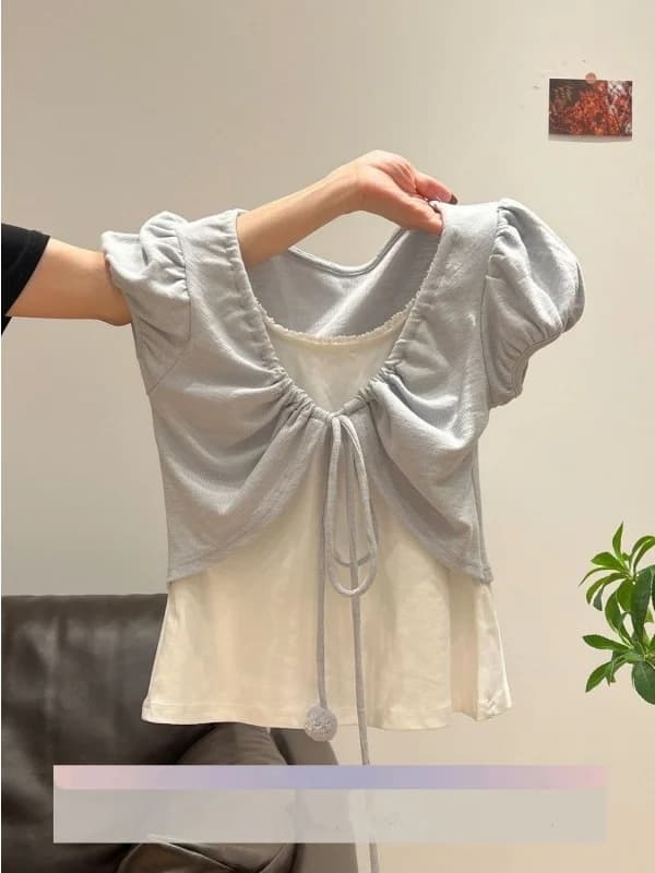 T-shirt da donna con design outlet, maniche corte a pieghe con coulisse, maniche a sbuffo con cintura, stile coreano per il commuting