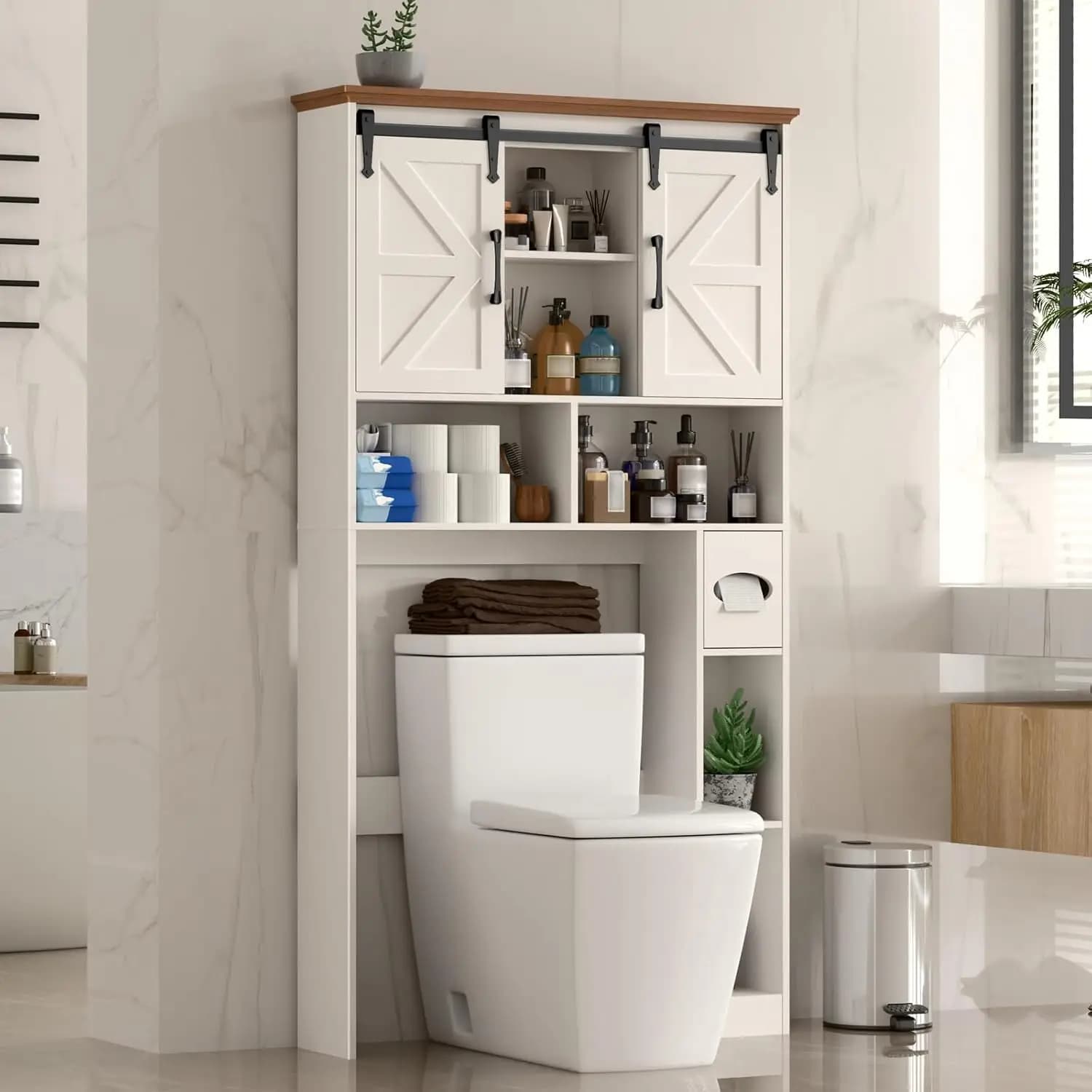 Mobiletto Salvaspazio Sopra il WC con Ante Scorrevoli, Organizer Bagno, Scaffali, Porta Carta Igienica, Stile Rustico, 2 Ante, Personalizzabile