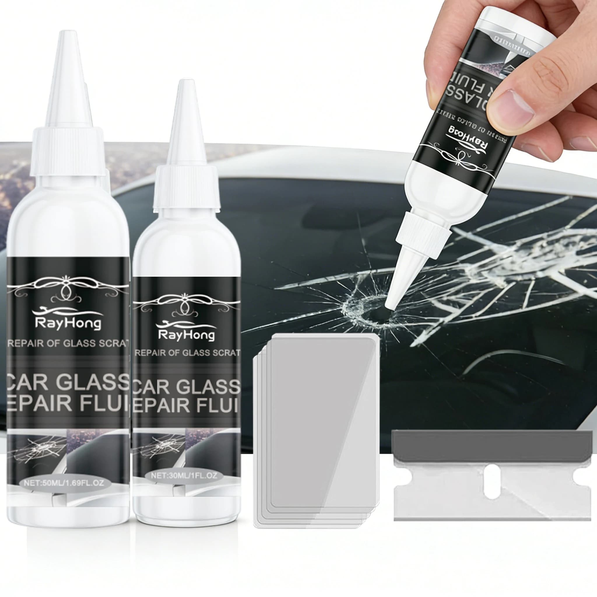 Kit di Riparazione Parabrezza Auto Fai-da-Te, Colla per Riparazione Rapida di Crepe e Scheggiature su Vetri Auto, Agente Riparatore Combinato per Tutti i Tipi di Vetro