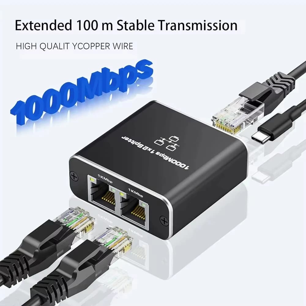 Network Splitter Hub 1000Mbps Adapter from 1 to 2 RJ45 Converter Gigabit Internet Ethernet 8P8C Set-Top Extender Plug Extension