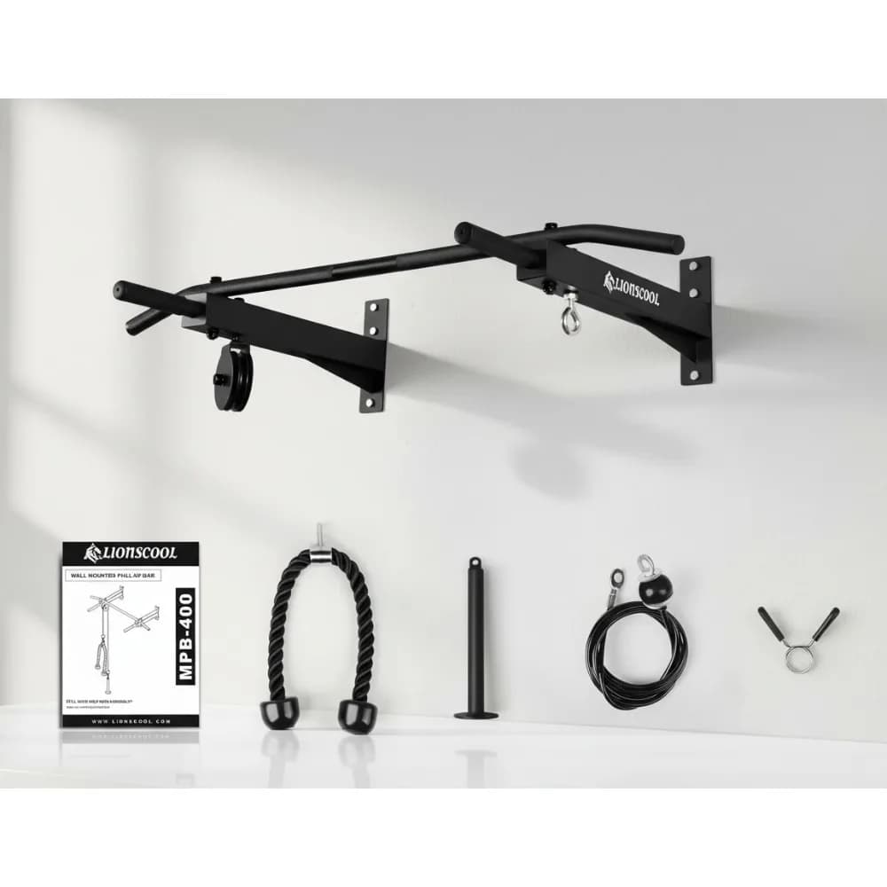 Wall mounted traction bar with pulley system, multi-handle traction bar for upper body workouts, home gym equipment