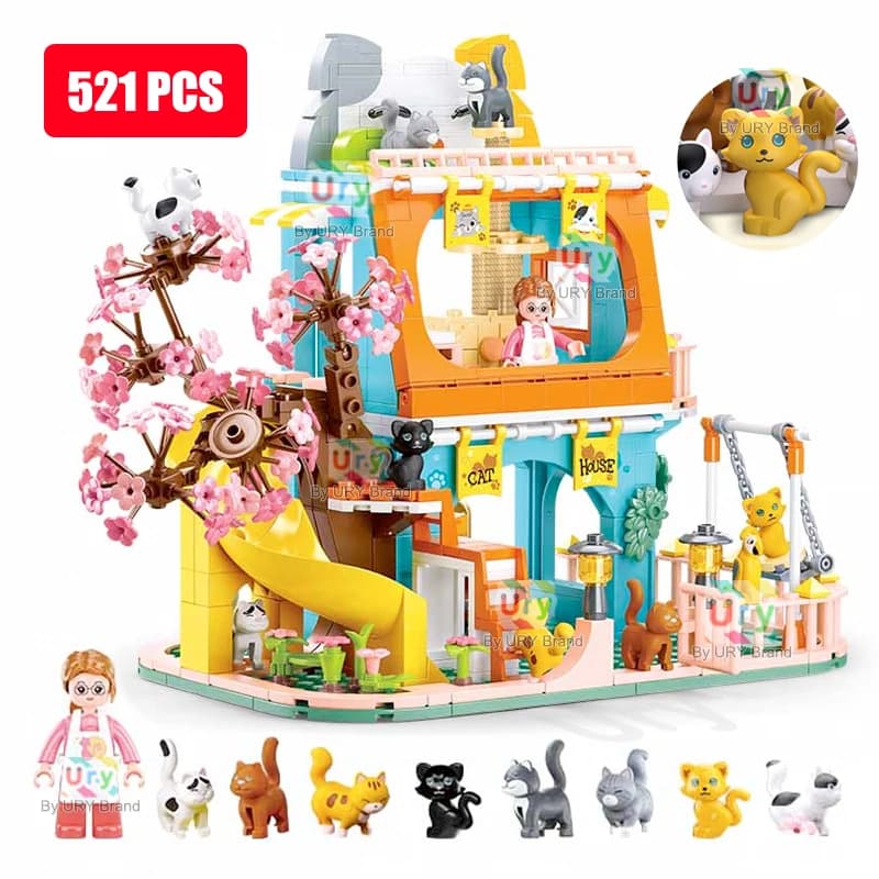 Sluban Friends City Cat Hotel set ragazza A-Frame Pet House appartamento giardino Villa Sakura Tree Building Blocks giocattolo animale regalo per bambini