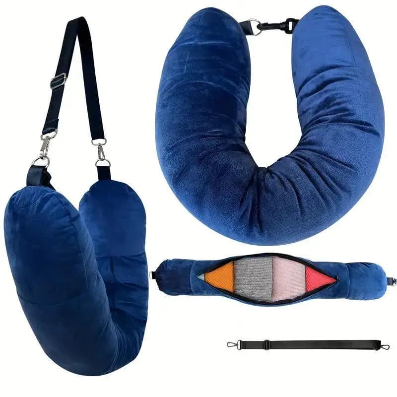 Fodera per cuscino a forma di U in pile cristallino per viaggi in aereo, con borsa portaoggetti riempibile