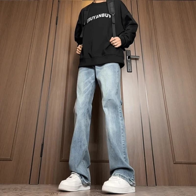 Light Blue Men's Jeans Youth Student Wide Leg Slimming Straight Cut Vintage American Style Casual Summer Denim Pants
