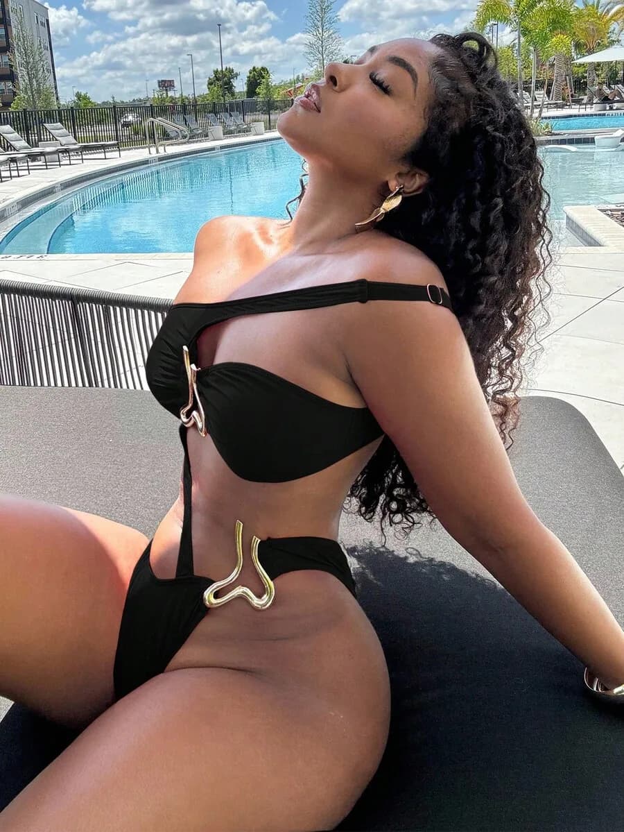 Women Solid Metal Accent Asymmetrical Hollow Out One Piece Swimsuit Summer