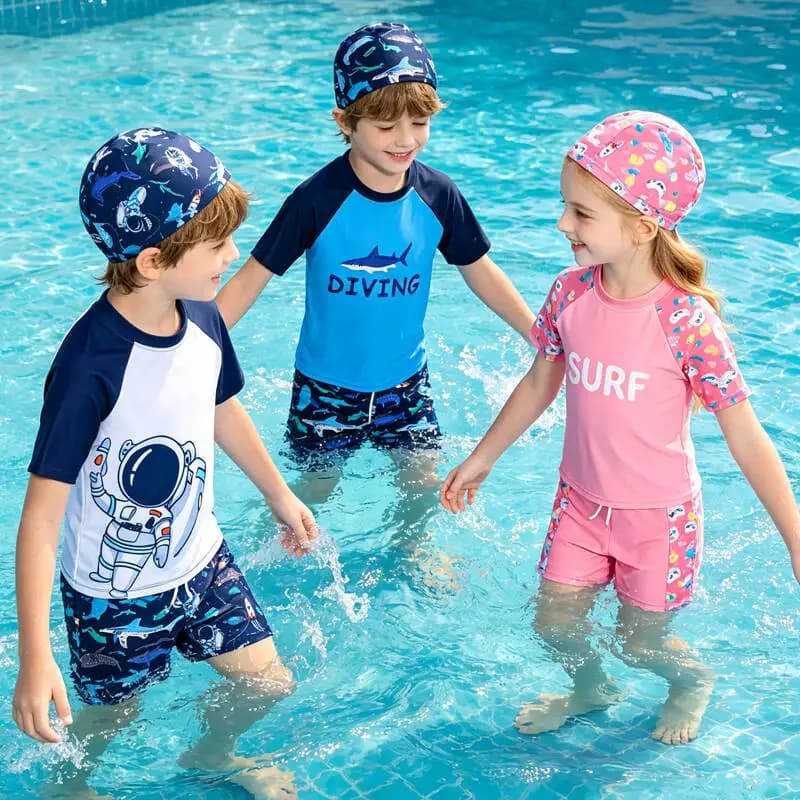 Costume da bagno per ragazzi con disegno di astronauta, costume da bagno a maniche corte con cappuccio per bambini, per allenamento in spiaggia, nuoto e surf.