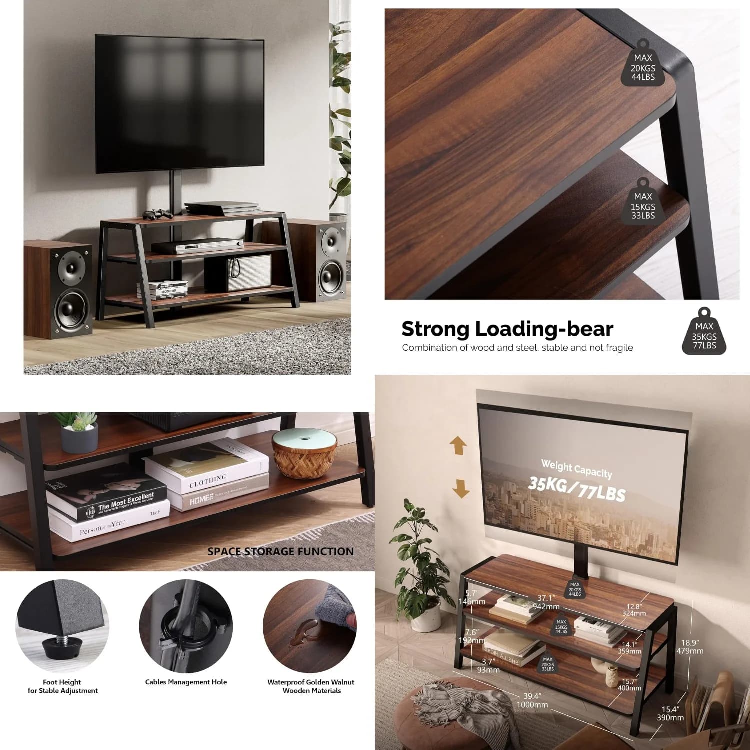 Supporto TV a 3 Ripiani per Schermi 37-70 Pollici, Altezza Regolabile, Pannello in Noce, Gestione Cavi, VESA 600x400mm, Personalizzabile