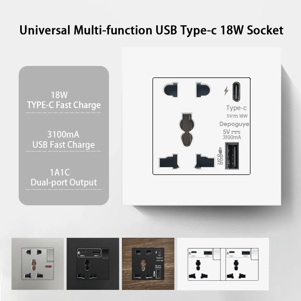 Universal 18 W type C fast charging 3/5 pin, British wall electrical socket with USB charger, double white intelligent power socket