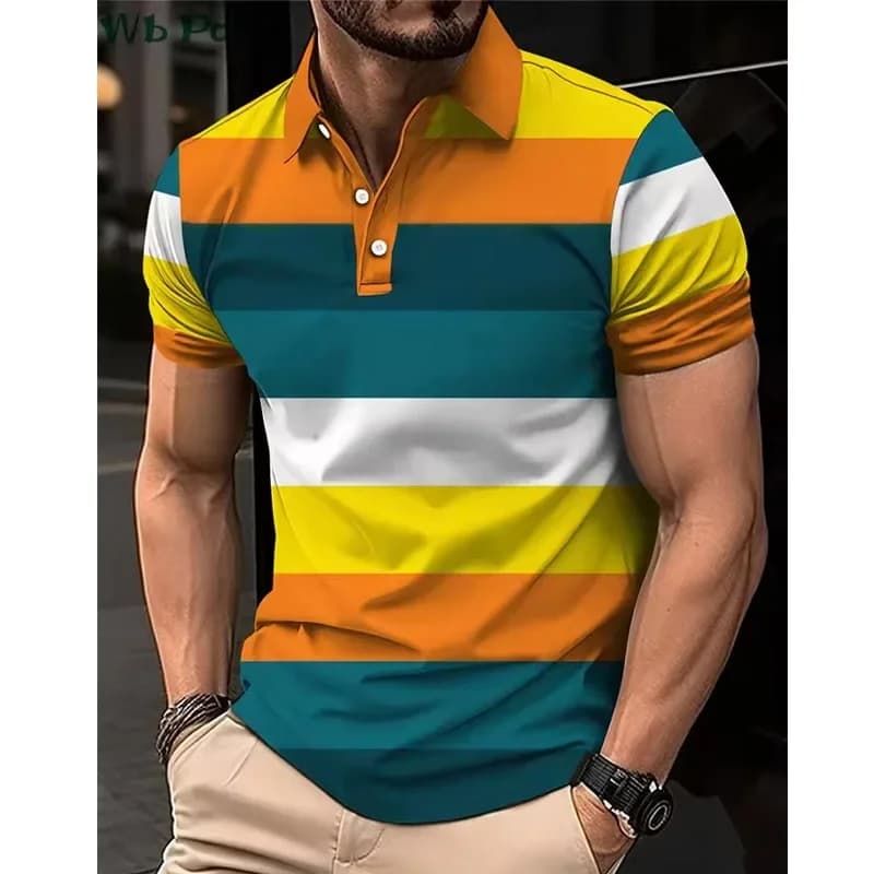 Camicia da uomo a righe stampate, Polo da uomo streetwear, Polo da uomo ampia