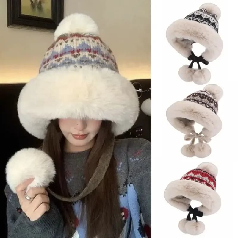 Cappello di peluche lavorato a maglia spessa alla moda Cappello di protezione per le orecchie con palla calda Cappello a cuffia pullover stile etnico antivento per ragazze