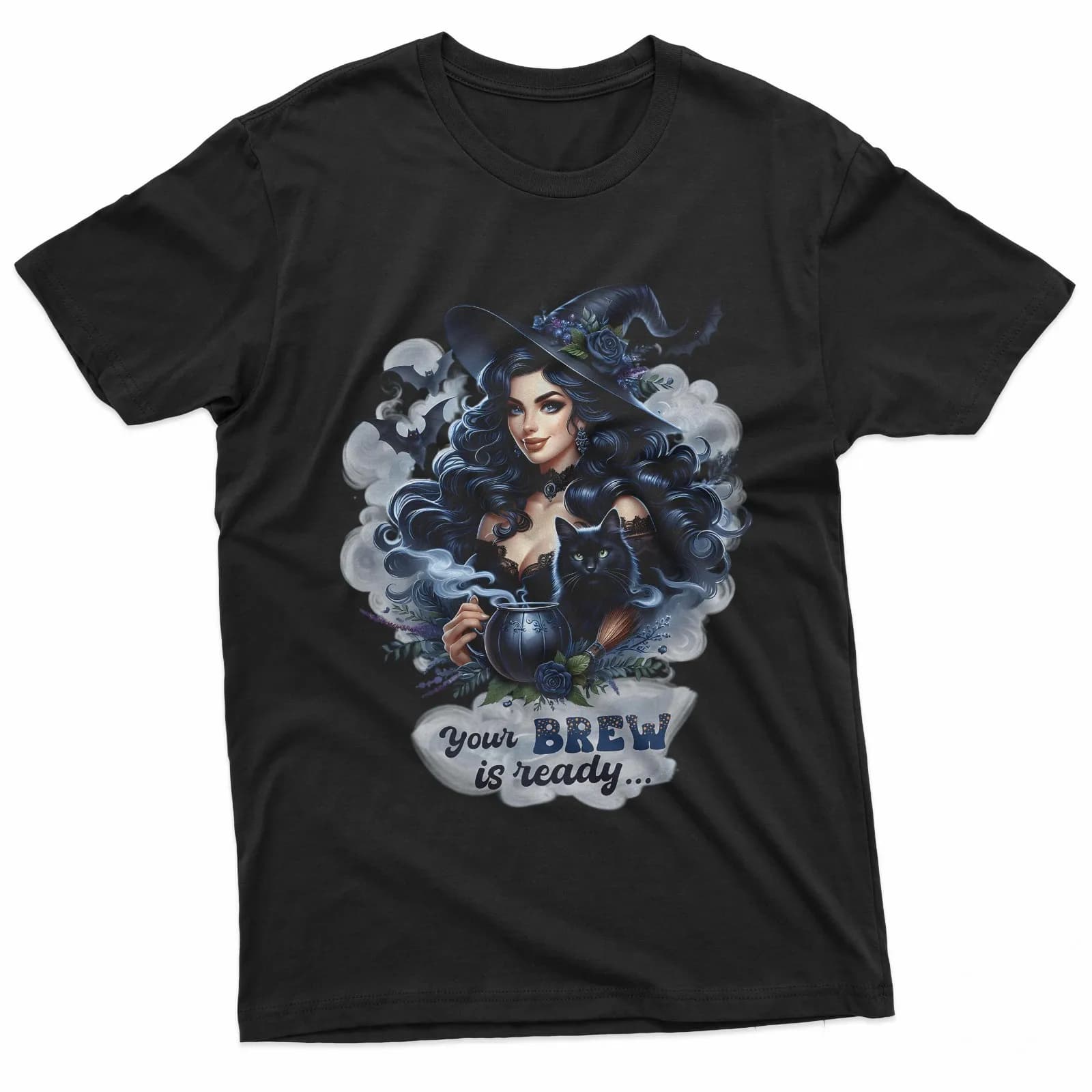 T-shirt Black Cat Witch Brew, abbigliamento casual in stile gotico