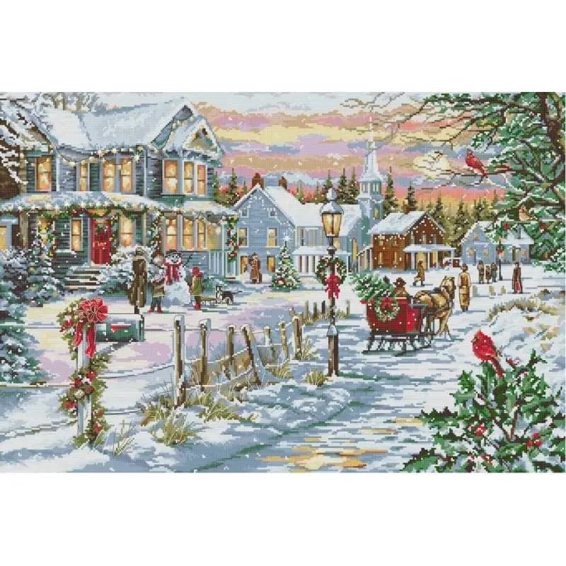 Inverno Natale Scena di neve Punto croce Paesaggio Modello Ricamo 14 16 11CT Kit da cucito cucito in stoffa stampata contati bianchi