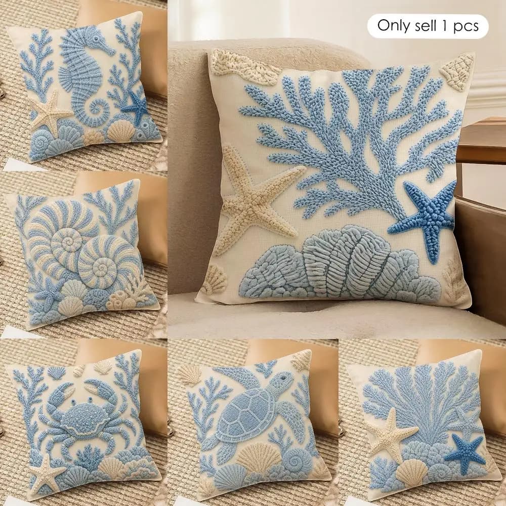 2D Coral Sea Star Turtle Ins Cushion Cover Silky Short Plush Invisible Zipper Dustproof Sofa Pillow Case For Home Decor