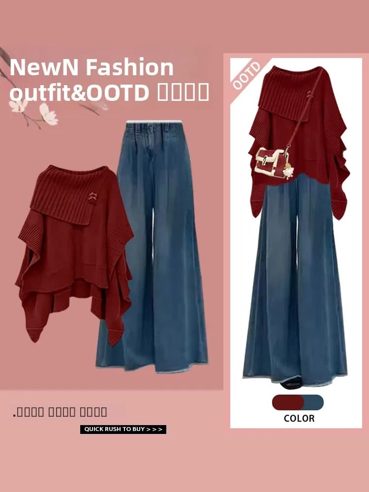 Maglione rosso lavorato a maglia e jeans a gamba larga, completo due pezzi da donna, primavera autunno, nuovo stile, collezione di tendenza.