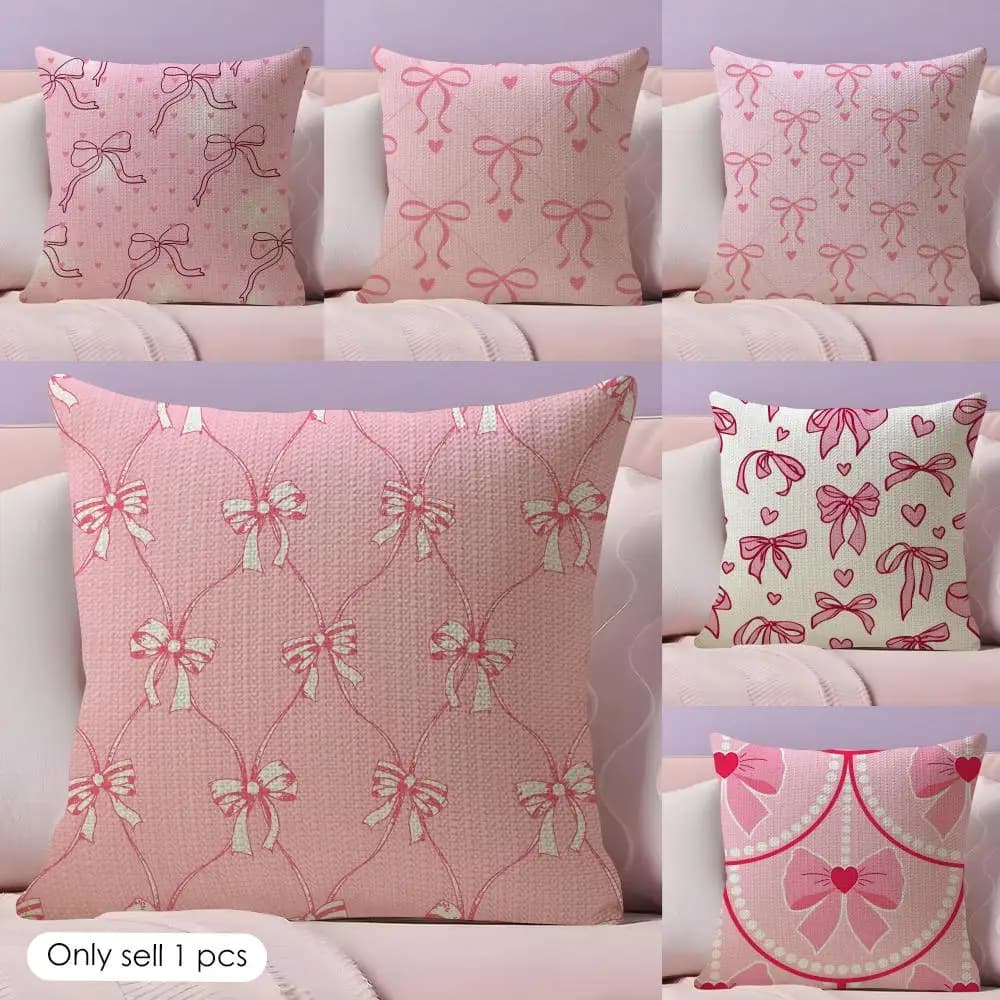 Fodera per cuscino con fiocco rosa carino, in lino naturale, stampa fronte-retro, decorativa per divano, regalo per l'arredamento della casa