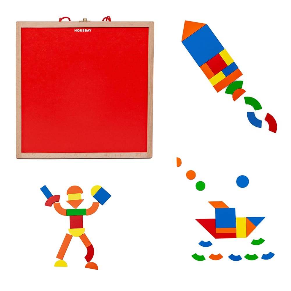 42 pezzi di blocchi di legno Set di oggetti di scena per fotografia per bambini Forma geometrica Tessellation Toys per bambini dai 3 ai 8 anni con 24 pagine di carte di design