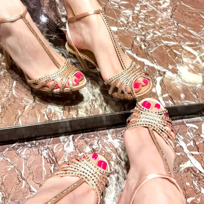 Nuovi sandali sexy con strass da donna, estivi, con punta aperta, scarpe con tacco alto, con fibbia, tacco a spillo, scarpe eleganti da donna