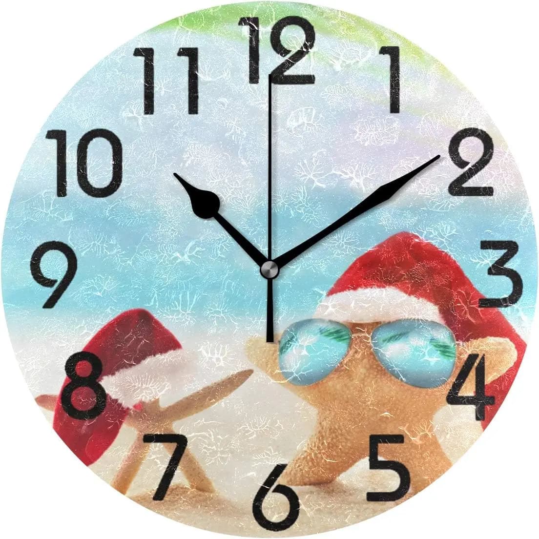 3D tropical summer beach star with Santa Claus hat Christmas round wall clock, 9.5 inch silent battery analogue