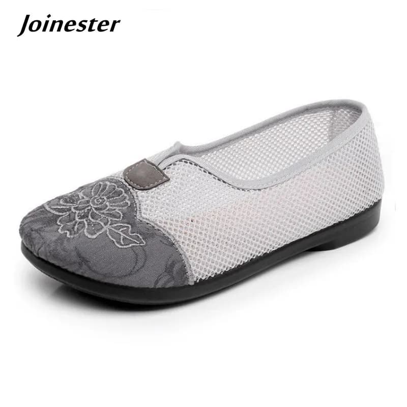 Women's Breathable Mesh Slip-On Summer Loafers Lightweight Embroidered round Toe Comfort Flat Retro Casual Shoes