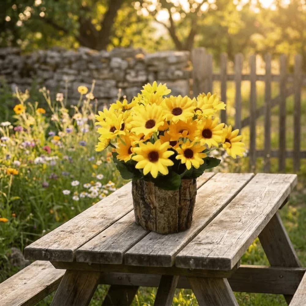 Natural Appearance Artificial Green Plant Realistic Handmade Bark Cup Flower Pot Plastic Fake Sunflower Set Home Decoration